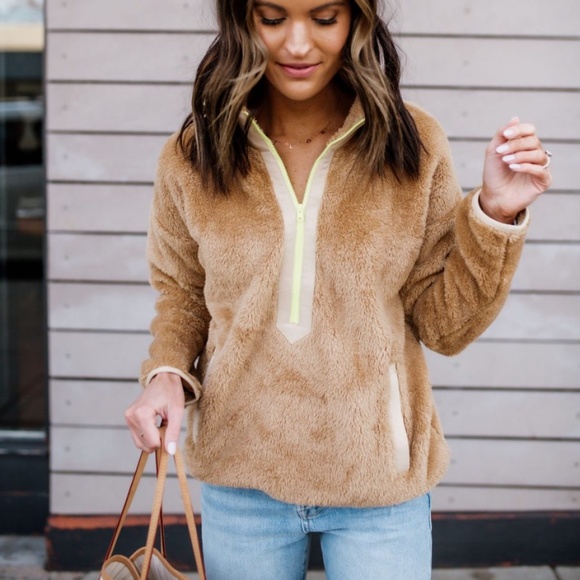 J. Crew Jackets & Blazers - J. Crew Superplush Sherpa Half-zip Pullover Tan